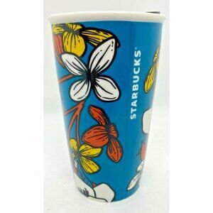 Starbucks Coffee Tall Travel Tumbler  Blue Floral Cup White 12 oz. Lid